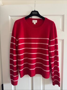 100% CASHMERE Cozy Red Striped Crewneck Sweater